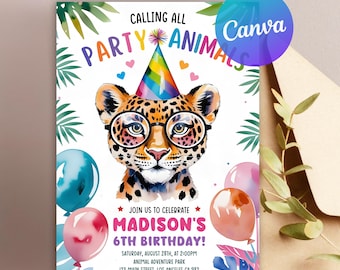Invitación de cumpleaños editable con animales de fiesta, estampado de guepardo, arcoíris pastel, estampado de leopardo, animales de safari salvajes, invitación para fiesta de cumpleaños, descarga