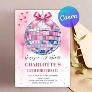 Coquette Bow Disco Party Invitation Personalized Printable Digital File Pink Party Invite Disco Ball Birthday Invitation ANY AGE Disco Party
