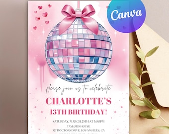 Coquette Bow Disco Party Invitation Personalized Printable Digital File Pink Party Invite Disco Ball Birthday Invitation ANY AGE Disco Party