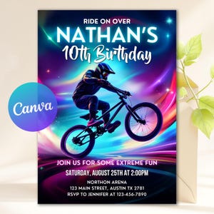 Pode incluir: Um vibrante convite de aniversário com um ciclista de BMX a fazer um truque contra um fundo abstrato colorido. O texto diz "Ride on Over, Nathan's 10th Birthday." Detalhes adicionais incluem a data, hora e local do evento.