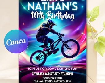 Uitnodiging voor feest jongens BMX-fiets, mountainbike feestuitnodiging, uitnodiging BMX-fiets feest, Instant Download bewerkbare Canva-sjabloon