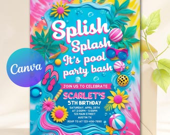 Editable Splish Splash Pool Party Birthday Invitation Glowing Tie Dye Summer Swimming Pool Birthday Party Neon Glow Instant Download