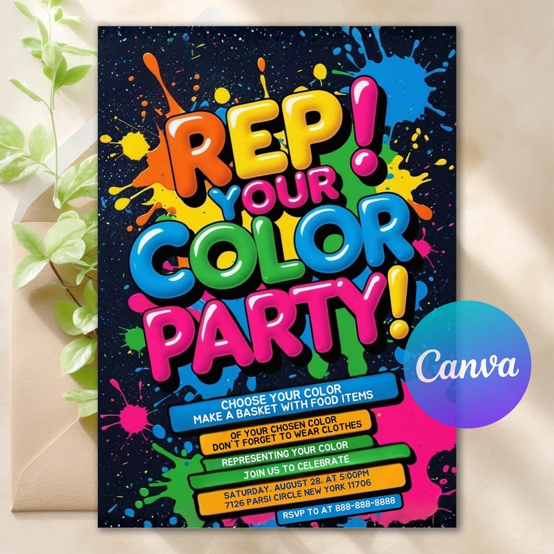 Rep Your Color Party Invitation, Colour Party, Coloring Rainbow ...