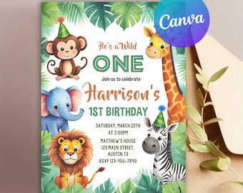 Wild One Birthday Boy Invitation, Safari Wild One Party Invite, Boy Safari Animals Invitation, 1st Birthday Digital Invite, Digital Download