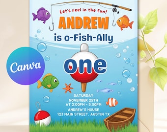 Plantilla editable de invitación de cumpleaños de pesca, invitación de pesca, invitación de cumpleaños de pesca, disfruta de la diversión, invitación de cumpleaños de niño imprimible