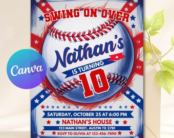 May include: Baseball-themed birthday invitation with a baseball graphic and the text "Swing on Over." The invitation says "Nathan's is turning 10" and includes party details: date, time, location, and RSVP information.