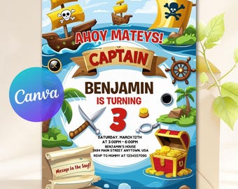 May include: Pirate-themed birthday party invitation with the text "Ahoy Mateys! Captain Benjamin is turning 3." Features pirate ships, a treasure chest, and a skull and crossbones flag. Includes event details.