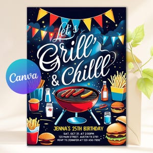 Editable BBQ Invitation, Bbq Party Invite, BBQ Chill And Grill, Modern Birthday Invitation, Digital Download Invitation For Any Age