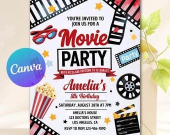 Invitación editable para cumpleaños con noche de cine en el jardín, fiesta de cumpleaños con temática de cine, invitación de cumpleaños con temática de cine, plantilla de Canva, descarga instantánea