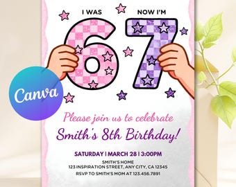 Faire-part de 6-7 anniversaire pour fille, meme modifiable, six invitations de fête, anniversaire de fille, invitation numérique d'anniversaire d'enfant