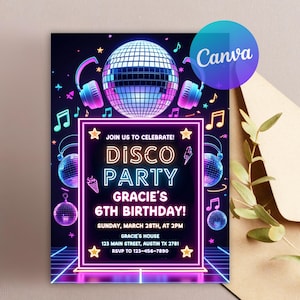 Editable Disco Party Birthday Invitation, Disco Ball Birthday, Neon Party Invites, Disco Theme Party, Neon Party Invites, Canva Template