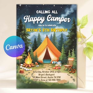 Puede incluir: Invitación ilustrada con temática de acampada. El texto dice "Calling All Happy Camper" y anuncia el 8º cumpleaños de Bryan. El diseño presenta una tienda de campaña, una fogata, árboles y una silla.
