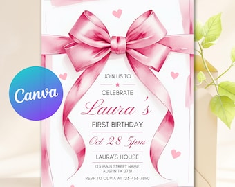 Pink Bow 1st Birthday Invitation Girl, First Birthday Template, Pink Coquette Bow Invitation 1st Birthday Girl Invite, Digital Download