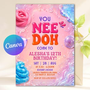 Peut inclure: Une carte d'invitation d'anniversaire avec un fond liquide rose et violet et des textures de slime colorées. Le texte indique : YOU NEE DOH COME TO ALESHA'S 12TH BIRTHDAY! SAT 28 AUG AT 3:30 - 6:00PM ALESHA'S HOUSE LAUNCH TRAMPOLINE PARK 321 MAIN ST. BOSTON RSUP AT 555.678.9090.