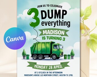 Peut inclure: Une invitation d'anniversaire avec une illustration de camion poubelle vert. L'invitation indique "Rejoignez-nous pour célébrer 3 Dump everything Madison fête ses 3 ans". La date est le lundi 28 avril, avec l'heure et l'adresse.