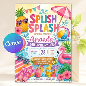 May include: A pool party invitation card featuring a pineapple with heart-shaped sunglasses, a pink flamingo float, a beach ball, flip-flops, and a drink. The text reads Splish Splash, Amanda's 6th Birthday Bash, Saturday October 28, 2:00PM to 5:00PM, and Veronica's Pool House, 789 Palm Breeze Lane, Miami, Florida.