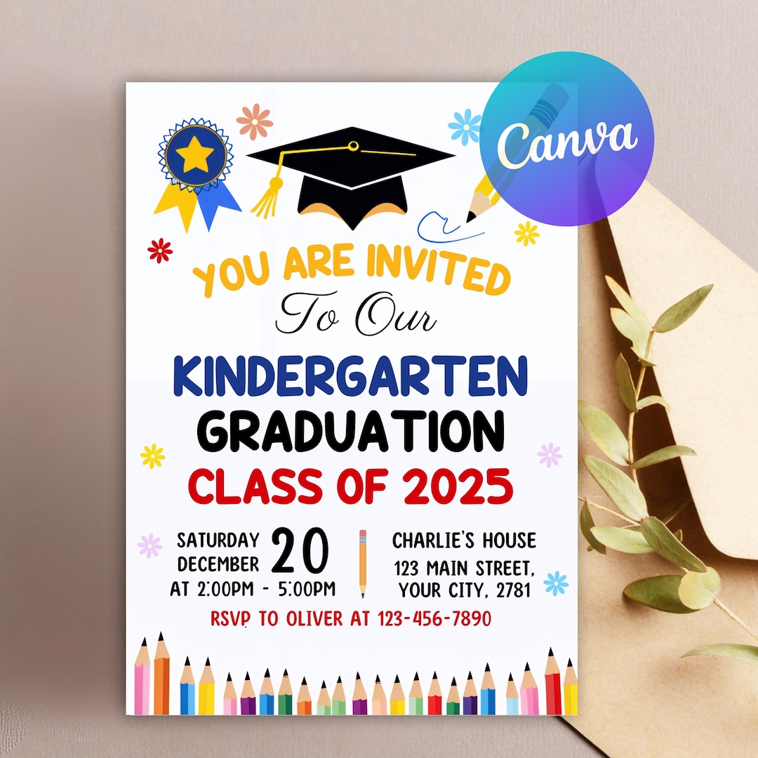 Kinder Invit Preschool Graduation Invitation, Pre-k Grad Announcement Card Editable ...