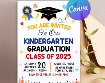 Vorschul-Abschluss-Einladung, Pre-K Grad-Ankündigungskarte Bearbeitbar Kindergarten-Graduiertenparty einladen, Klasse von 2025 PreK Evite Canva