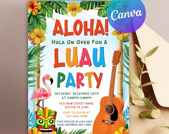 May include: A colorful invitation for a Luau party. The design features the word "ALOHA!" and "LUAU PARTY" in bright, tropical colors. A flamingo, tiki mask, and guitar are also included in the design. The invitation includes the date, time, and location.