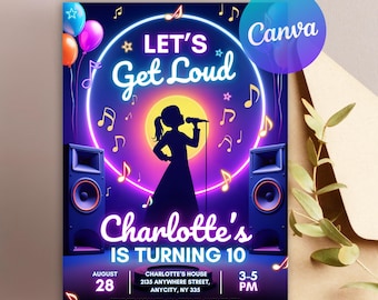 Puede incluir: Una invitación vibrante con un diseño de neón para una fiesta de cumpleaños. El texto dice "Let's Get Loud" y "Charlotte's is turning 10". El diseño incluye notas musicales, una silueta de cantante, altavoces y globos.