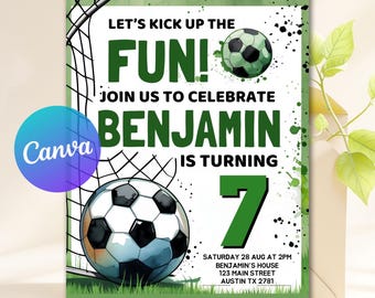 Sjabloon bewerkbare voetbalverjaardagsuitnodiging, voetbaluitnodiging, kindervoetbaluitnodiging, direct downloaden, Let's Kick it Soccer Invite Canva