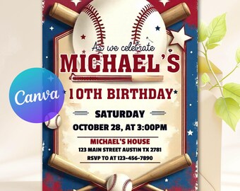 May include: Baseball-themed birthday invitation with a red, white, and blue color scheme. The invitation features a baseball, crossed bats, and stars. Text includes "Michael's 10th Birthday," date, time, and address. The Canva logo is visible.