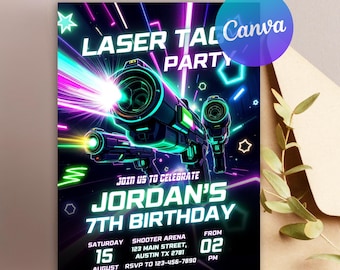 Editable Laser Tag Birthday Invitation, Laser Tag Invitation, Neon Laser Tag Invite, Neon Glow Laser Party,Boy Birthday Party Editable Canva