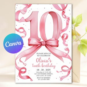 Peut inclure: Une invitation d'anniversaire rose avec le chiffre 10 orné d'un nœud et de rubans. Le texte dit "Rejoignez-nous pour célébrer le dixième anniversaire d'Olivia", avec la date, l'heure et le lieu. Le logo Canva est visible.