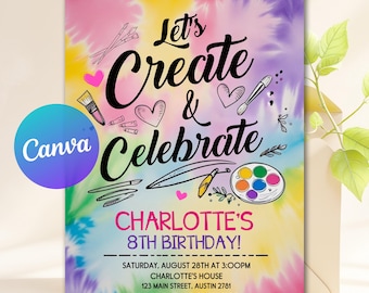 Invitación editable para fiesta de cumpleaños con arte, invitación para fiesta de pintura con teñido anudado, ¡Pintemos y celebremos!, plantilla de Canva