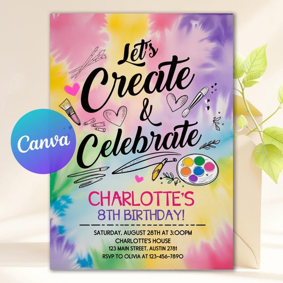 Editable Art Birthday Party Invitation, Tie Dye Arts and Crafts Painting Party Invite, Let's Paint & Celebrate, Canva Template