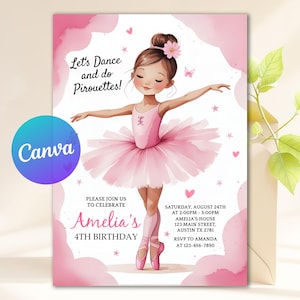 EDITABLE Tutu Cute Birthday Invitation, Pink Ballerina Invite, Ballet Birthday Invitation, Pink Ballet Dance and Twirl Theme, Canva Template