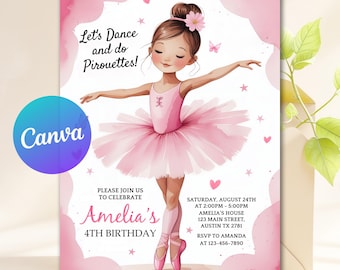EDITABLE Tutu Cute Birthday Invitation, Pink Ballerina Invite, Ballet Birthday Invitation, Pink Ballet Dance and Twirl Theme, Canva Template