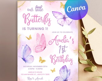 Invitación de cumpleaños de mariposa, invitación de primer cumpleaños, invitación de fiesta de mariposa de niña, fiesta de mariposa rosa y violeta, cumpleañera, Canva editable
