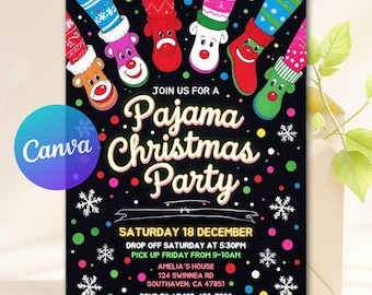Christmas Pajama Party Invitation, Pajama Invitation, Christmas Party Invitation, Holiday Party Invite, Editable Canva, Instant Download