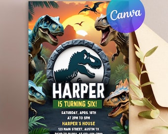 Plantilla de invitación de cumpleaños editable de Dinosaur Park, invitación de Dinosaur World, invitación de Dino T-Rex, cumpleaños jurásico 1.º, 3.º y 5.º, Canva editable