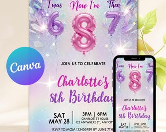 I Was 6 Then 7 Now I'm 8 Birthday Invitation, Rainbow Pastel 6-7 8th Party Invite, Six Seven Eight Meme, Canva Template, Editable Template