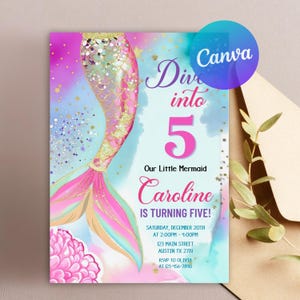 Dive into Five Birthday Invitation, Mermaid Invitation, Mermaid Bash Under The Sea Birthday, Glitter Mermaid Tail Invite, Canva Template