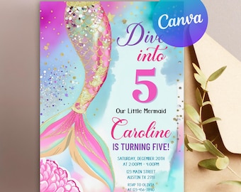 Inbjudan till femårsfödelsedag, sjöjungfruinbjudan, sjöjungfrufest under havet-födelsedag, inbjudan till sjöjungfrusvans i glitter, Canva-mall