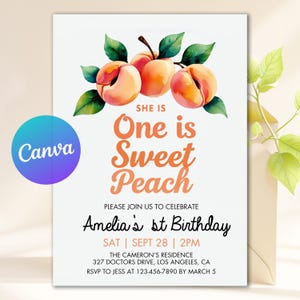 Peach First Birthday Invitation Template, One Sweet Peach Birthday Invite, Editable 1st Birthday Invitation, Text Message Digital Download