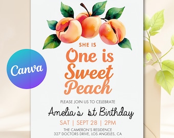 Peach First Birthday Invitation Template, One Sweet Peach Birthday Invite, Editable 1st Birthday Invitation, Text Message Digital Download