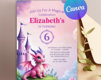 Dragon Birthday Invitation, Magical Birthday Invitation, Girl Dragon Birthday Party Invitation, Purple Dragon Invitation, Editable Canva