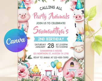 Editable Pink Farm Birthday Invitation, Barn Animal Invite for Girls, Girl Barnyard Invites, Floral Barnyard Animals, Canva Template