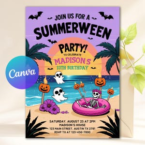 Invitación de cumpleaños de Summerween, invitación editable para fiesta fantasma en la piscina, descarga digital, celebración de verano espeluznante, Canva editable
