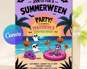 Summerween Birthday Invitation, Editable Ghost Pool Party Invite, Digital Download, Spooky Summer Celebration, Editable Canva