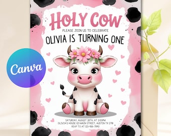 Può includere: Un invito di compleanno rosa e bianco con un design a mucca dei cartoni animati. Il testo dice "Holy Cow" e "Olivia compie un anno". Il logo Canva è nell'angolo.