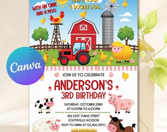 Editable Farm Birthday Invitation, Boy Farm Animals Boy Barnyard Birthday Party, Download Printable Invitation Template, Canva Template