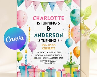 Invitación de cumpleaños conjunta para niño y niña, fiesta de cumpleaños para dos, fiesta de hermanos, plantilla editable de Canva