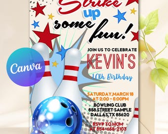 Editable Bowling Party Invitation, Editable Bowling Birthday Invitation, Kids Bowling Invitation, Let's Strike Up Some Fun, Instant Download