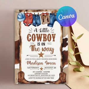 Cowboy Baby Shower, A Little Cowboy Baby Shower Invitation, Wild West Baby Shower Invite, Brown Cowboy Baby Shower Invitation, Rodeo Baby