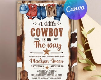 Cowboy Baby Shower, A Little Cowboy Baby Shower Invitation, Wild West Baby Shower Invite, Brown Cowboy Baby Shower Invitation, Rodeo Baby
